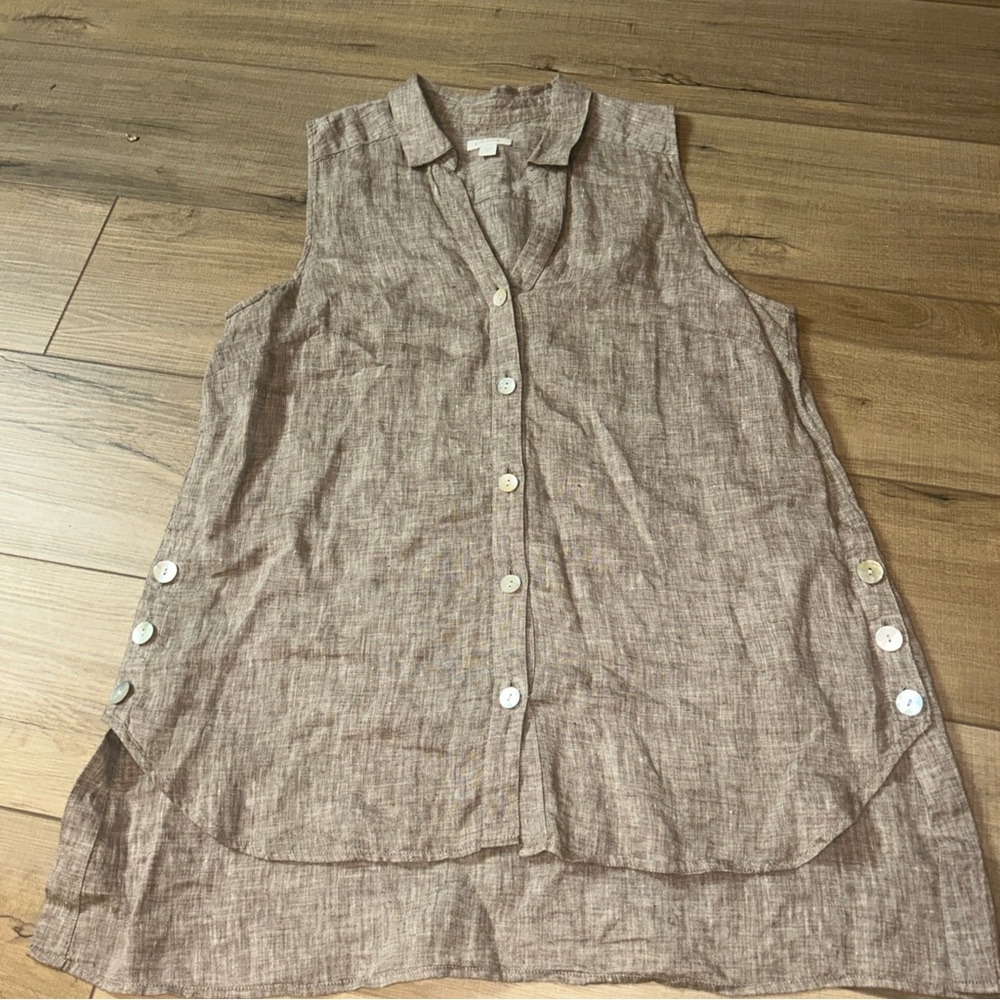 J Jill Love Linen Tunic Top Brown Heathered Mother Of Pearl Buttons Coastal M